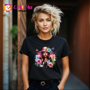 Tricou Summer hat woman flowers and butterflies, femeie cu palarie de vara flori si fluturi, Copii | Dama | Barbat , tricou negru - Img 8