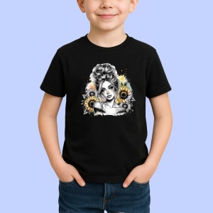 Tricou Sunflower shoulder girl sketch style, fata cu floarea soarelui pe umar stil schita, Copii | Dama | Barbat , tricou negru - Img 2