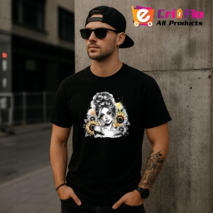 Tricou Sunflower shoulder girl sketch style, fata cu floarea soarelui pe umar stil schita, Copii | Dama | Barbat , tricou negru - Img 11