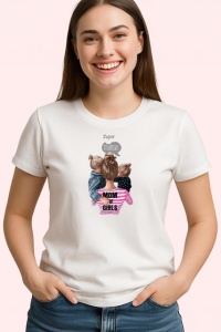 Tricou Super Mama Cu Fetita Si Baiat Ilustratie Colorata, din bumbac 100% , tricou alb pentru Dama