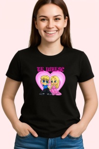 Tricou Te Iubesc Cuplu Cartoon, din bumbac 100%, tricou negru, Dama | Barbat - Img 2