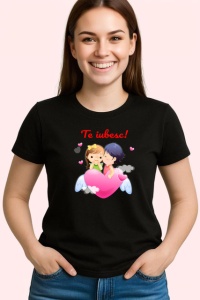 Tricou Te Iubesc Cuplu Copii Pe Nori Inima Roz, din bumbac 100%, tricou negru Dama | Barbat