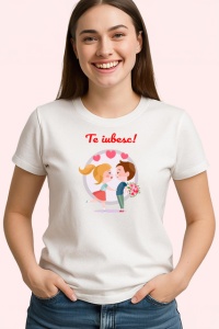 Tricou Te Iubesc Cuplu Indragostit Cu Flori Si Inimi, din bumbac 100% , tricou alb pentru Copii | Dama | Barbat - Img 2