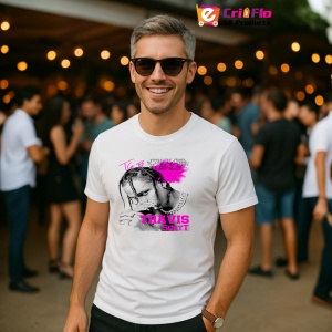 Tricou Travis Scott - Portret alb-negru cu roz, muzica RAP, Dama | Barbat | Copii