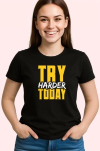 Tricou Try Harder Today Text Galben 3D V2, din bumbac 100%, tricou negru Copii | Dama | Barbat - Img 3