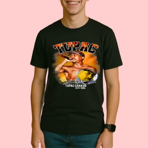 Tricou Tupac Orange Background, muzica Not Applicable, Dama | Barbat | Copii, Culoare Negru - Img 3