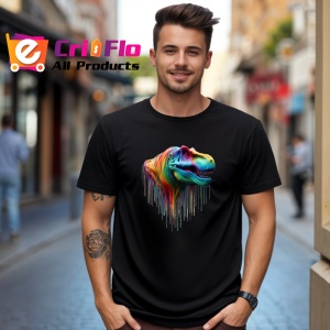Tricou Tyrannosaurus rex in culori curcubeu fundal alb Copii | Dama | Barbat, culoare negru - Img 6