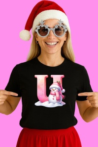 Tricou U Litera Craciun Roz Cu Om De Zapada Fulgi De Zapada, din bumbac 100% Copii | Dama | Barbat - Img 3