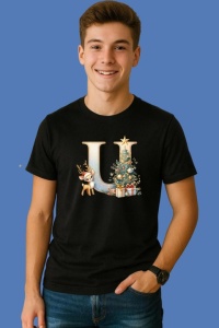 Tricou U Litere Craciun Cu Ren, Brad, Luminite Si Cadouri, din bumbac 100% Copii | Dama | Barbat - Img 3