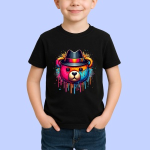 Tricou Urs panda cu palarie fedora si vopsea colorata Copii | Dama | Barbat, culoare negru - Img 4
