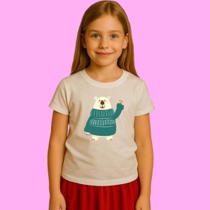 Tricou Urs Polar Cu Pulover Verde, din bumbac 100%, tricou alb, Copii | Dama | Barbat