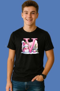 Tricou V Litera Craciun Roz Cu Om De Zapada Fulgi De Zapada, din bumbac 100% Copii | Dama | Barbat - Img 2