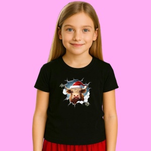 Tricou Vaca Highland Cu Fundal Albastru Si Privire Vesela Craciun, din bumbac 100% Copii | Dama | Barbat