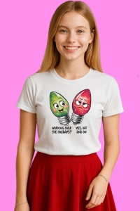 Tricou Working Over The Holidays Yes Off And On Becuri Glume, din bumbac 100%, tricou alb, Copii | Dama | Barbat - Img 3