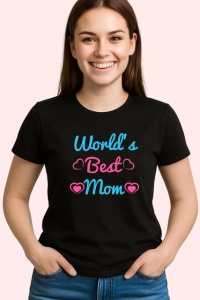 Tricou Worlds Best Mom Text Albastru Si Roz Inimi, din bumbac 100%, tricou negru Dama - Img 2