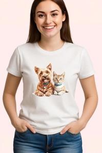 Tricou Yorkshire Terrier si pisica portocalie prietenie adorabila Copii | Dama | Barbat Barbat - Img 3