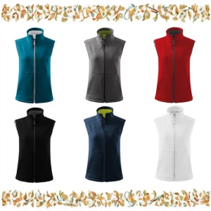 Veste dama tip softshell cu fermoar si buzunare asezate pe doua randuri, trei coloane prezentand cele 6 culori disponibile rosu,albastru marin,turcoaz,negru,gri,alb