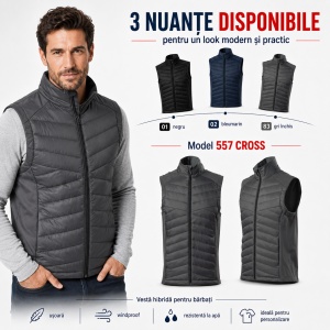 Vestă Hibridă Bărbați Matlasată cu Fermoar, Softshell, Windproof – Cross 557