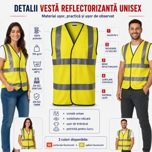 Vestă Reflectorizantă Unisex Bărbat Damă Profesională de Lucru și Semnalizare – HV Bright 9V3 - Img 2