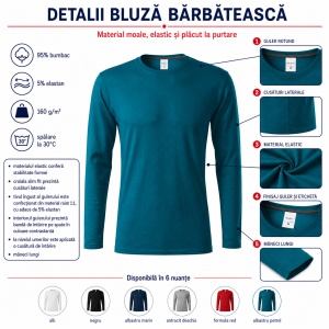 Bluză Bărbătească Brave 155 cu Mânecă Lungă, 95% Bumbac, 5% Elastan, Guler Rotund, S–3XL, 6 Culori - Img 3