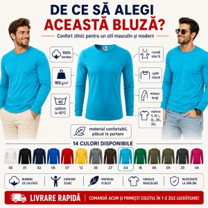 Bluză Bărbați Malfini 100% Bumbac, Mâneci Lungi, Slim Fit, 160 g/m², Guler Rotund, Mărimi S–3XL - Img 2
