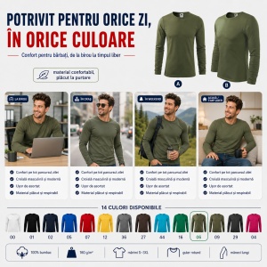 Bluză Bărbați Malfini FIT-T LS 119, 100% Bumbac, Mâneci Lungi, Slim Fit, 160 g/m², Guler Rotund - Img 6