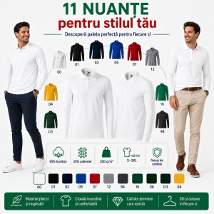Bluză cu guler polo tip Tommy pentru bărbați, mânecă lungă, 65% bumbac - Img 6