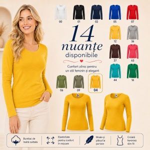 Bluză Damă decoltată din bumbac 100, slim fit cu mânecă lungă - 14 nuanțe - Img 10