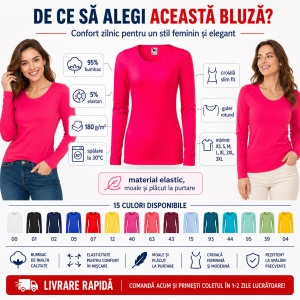 Bluză Damă Slim cu Mânecă Lungă, Bumbac 95% – 15 Nuanțe, XS–3XL - Img 2