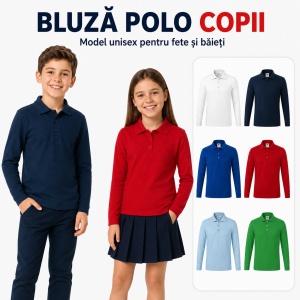 Bluză Polo Copii Malfini cu Mânecă Lungă, 65% Bumbac, Unisex Fete și Băieți, 6–12 Ani, 6 Culori