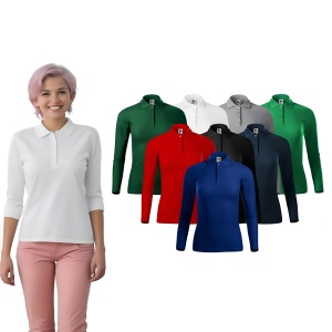 Femeie imbracata intr-o bluza polo cu maneca lunga de culoare alb prezentand culorile disponibile rosu,negru,albastru,verde,alb