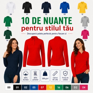 Bluză Polo Damă cu Mânecă Lungă Malfini, Croială Cambrată, Guler Polo Raiat, 4 Nasturi, 10 Culori, Mărimi XS–2XL - Img 4