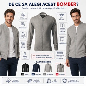Bluză tip hanorac cu fermoar pentru bărbați, guler bomber, buzunare cu fermoar, 4 culori disponibile - Img 2