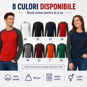 Bluză Unisex Damă și Bărbat Rimeck 130 Street LS, Bicoloră, Mâneci Lungi Raglan, 100% Bumbac, 180 g/m², S–4XL - Img 8