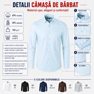 Cămașă bărbați cu mânecă lungă Malfini Premium 262 Dynamic, croială cambrată, guler clasic, 60% bumbac și 40% poliester - Img 3