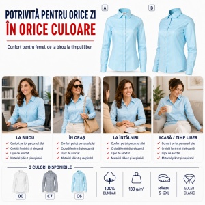 Cămașă Damă Elegantă din 100% Bumbac, Premium – Office & Business, Mânecă Lungă, Croială Cambrată - Img 7