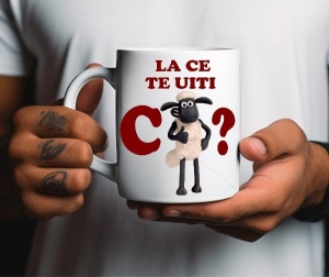 Cana cadou personalizata haios cu textul: La ce te uiti C-oaie
