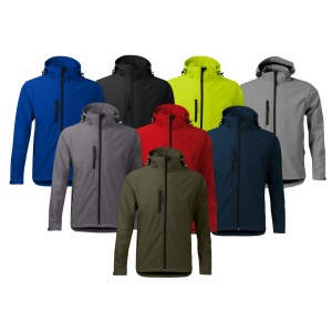 Imagine de prezentare pentru geaca softshell barbati si culorile disponibile negru, rosu, albastru, galben