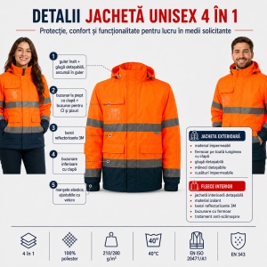 Geacă Unisex Bărbat Damă tip Jachetă și Vestă de Lucru 4 în 1, Reflectorizantă și Impermeabilă – HV Guard - Img 3