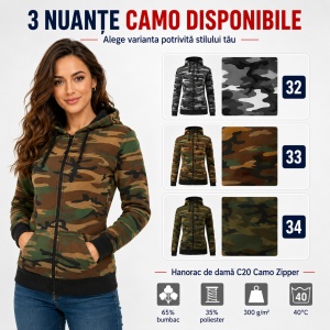 Hanorac Camuflaj Damă cu Glugă și Fermoar Malfini C20 Camo Zipper – 300 g/m²