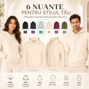Hanorac unisex cu glugă pentru damă și bărbat, bumbac organic, 280 g/m²