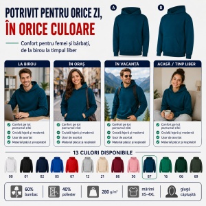 Hanorac Unisex Damă și Bărbați cu Glugă – 60% Bumbac, Interior Pieptănat, 280 g/m², XS–4XL - Img 5