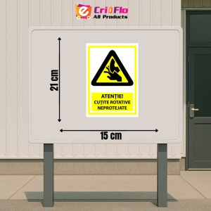 Indicator Semn atentie cutite rotative neprotejate, Sticker autocolant - Img 2
