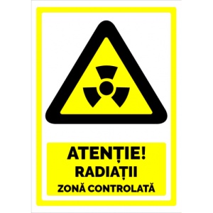 Indicator Semn atentie radiatii cu zona controlata, Sticker autocolant