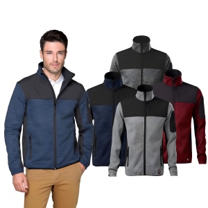 Barbat imbracat in jacheta cu 2 straturi pentru vreme rece de culoare albastru prezentand culorile disponibile gri, negru, rosu