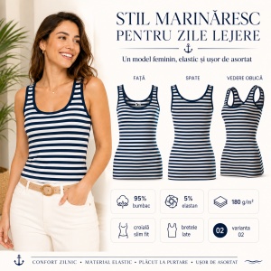 Maieu Top Damă Marinăresc cu Dungi Alb, tricou fără mâneci -Albastru Marin – Malfini 806 Sailor, 95% Bumbac, Slim Fit - Img 9