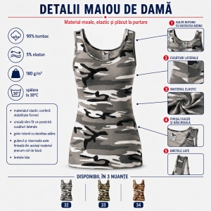 Maiou damă Malfini Camo Triumph C36, top camuflaj slim fit, 95% bumbac, XS–2XL, 3 nuanțe - Img 4