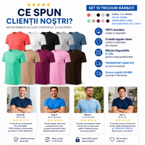Set 10 Tricouri Bărbați 100% Bumbac – Multicolor, Coral, Alb, Negru, Gri Ice, Denim, Verde Mentă, Nisip, Rododendron, Roz și Cafea | S-3XL - Img 5