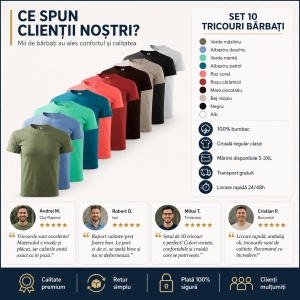 Set 10 Tricouri Bărbați 100% Bumbac Extra Calitate – Khaki, Albastru Deschis, Verde Mentă, Albastru Petrol, Coral, Roșu, Negru, Gri Ardezie, Gri Ice și Alb - Img 5