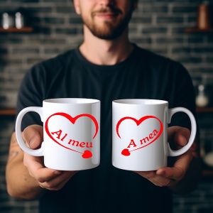 Set 2 cani albe personalizate pentru indragostiti A mea & Al meu - Img 1
